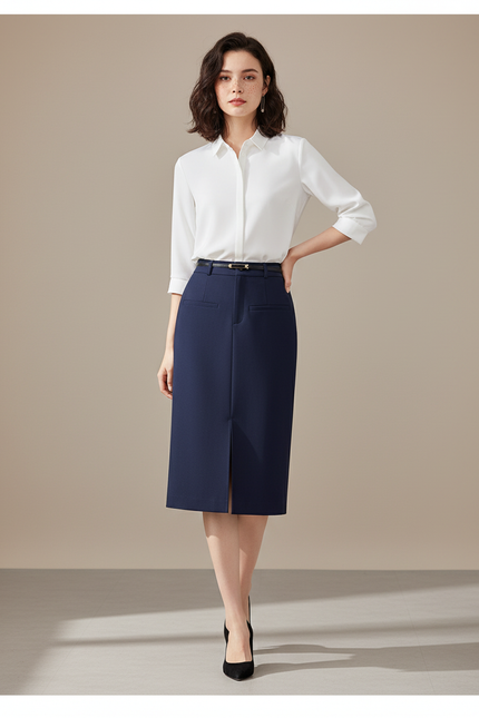 Jupe Midi Bleue Marine Fente Latérale Élégante