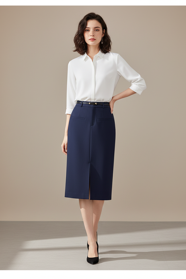 Jupe Midi Bleue Marine Fente Latérale Élégante