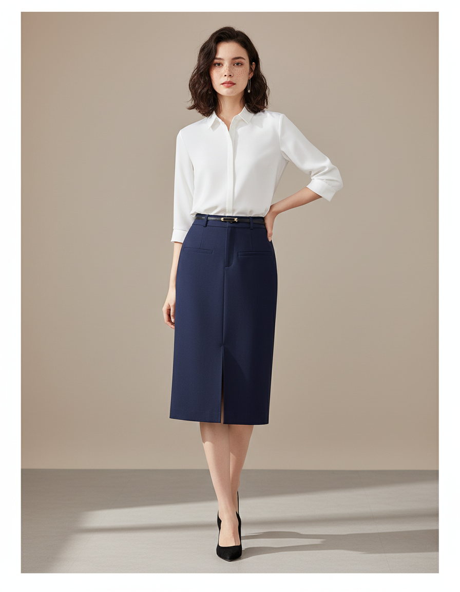 Jupe Midi Bleue Marine Fente Latérale Élégante