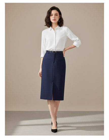 Jupe Midi Bleue Marine Fente Latérale Élégante