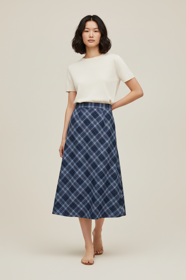 Jupe Midi Écossaise Bleue Élégante