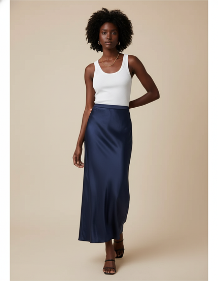 Jupe Midi Bleu Marine Satinée Élégante