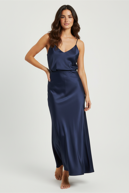 Jupe Midi Bleu Marine Satin Élégante