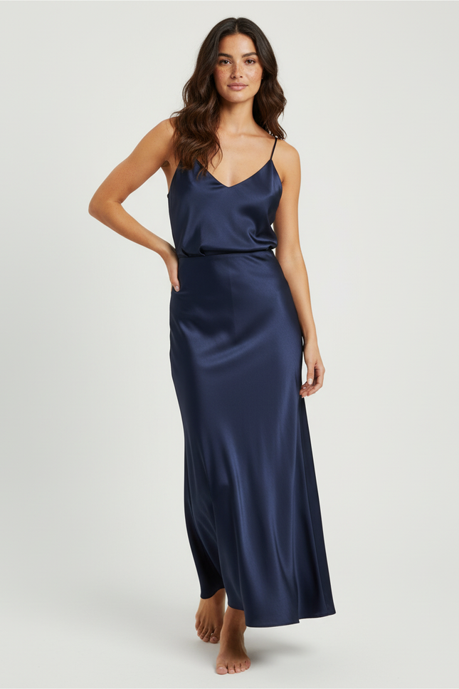Jupe Midi Bleu Marine Satin Élégante