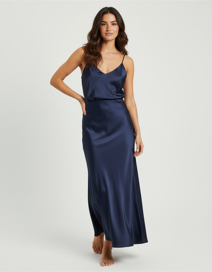 Jupe Midi Bleu Marine Satin Élégante