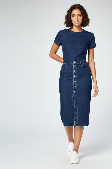 Jupe Midi Denim Boutonnée Chic