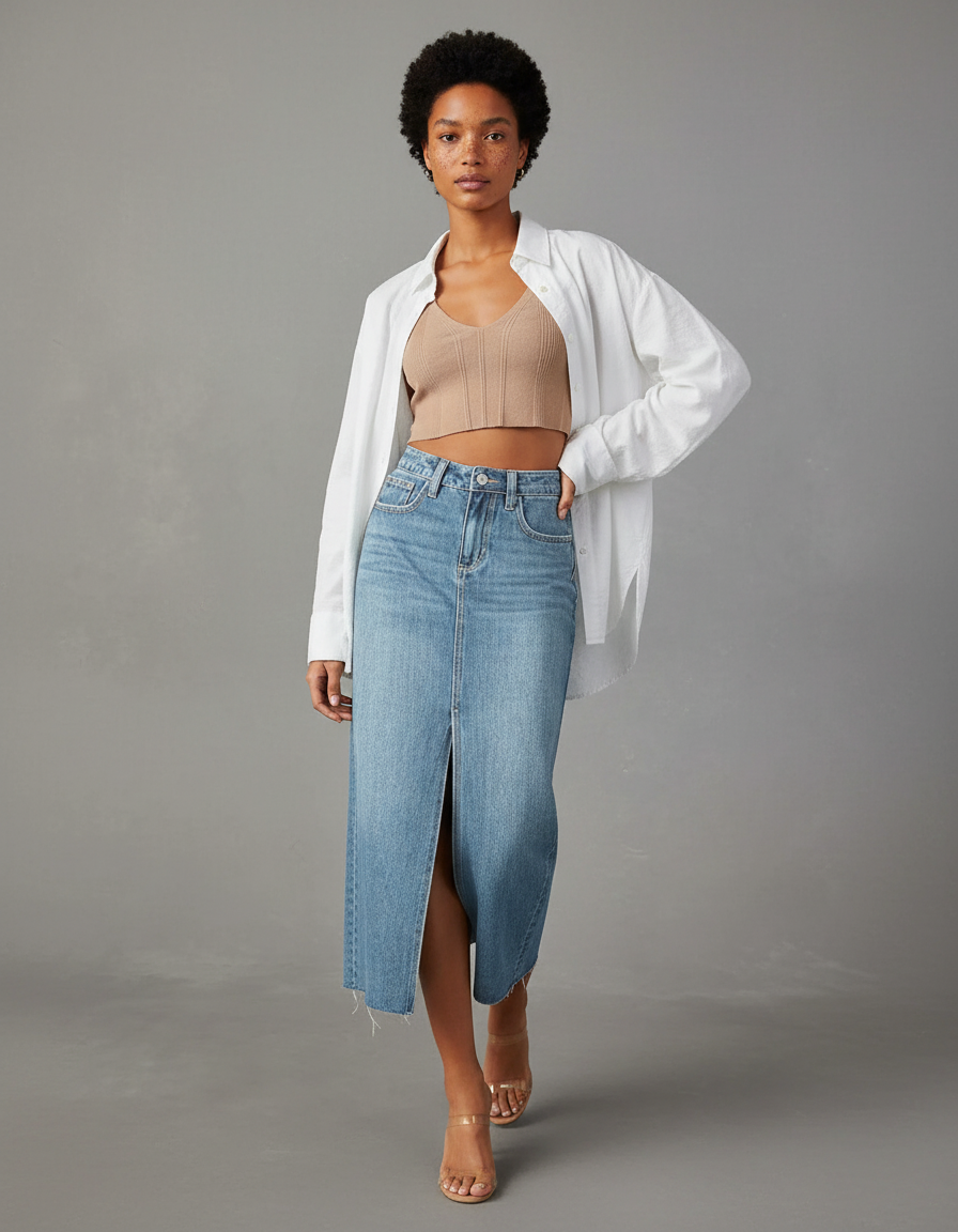 Jupe Midi Denim Fente Chic