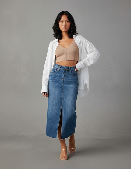 Jupe Midi Denim Bleu Fendue Chic