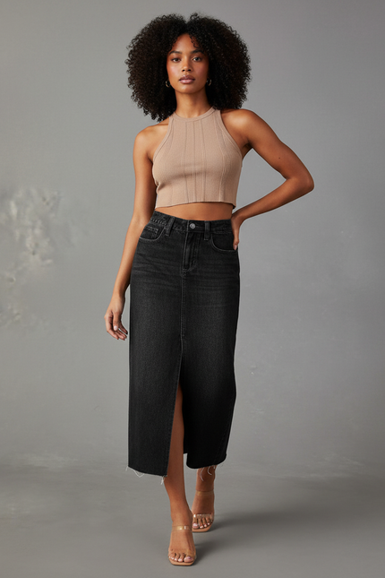 Jupe Midi Denim Noir Fendue Chic