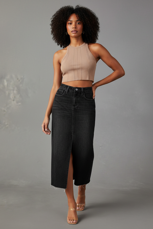 Jupe Midi Denim Noir Fendue Chic