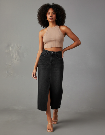 Jupe Midi Denim Noir Fendue Chic