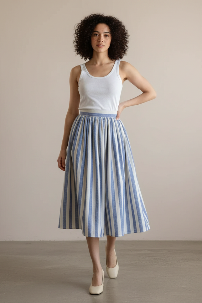 Jupe Midi Rayée Bleu Et Blanc
