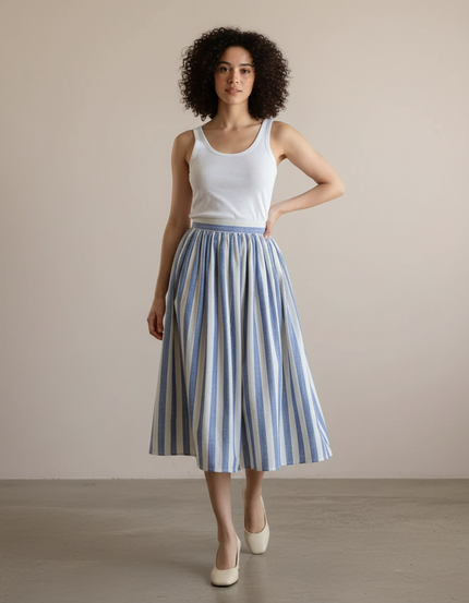 Jupe Midi Rayée Bleu Et Blanc