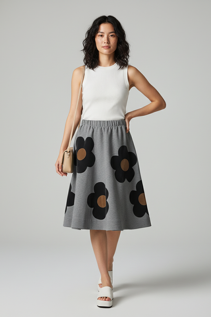 Jupe Midi Grise Fleurie Chic