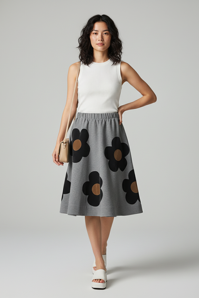 Jupe Midi Grise Fleurie Chic