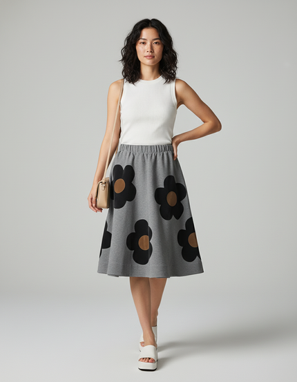 Jupe Midi Grise Fleurie Chic