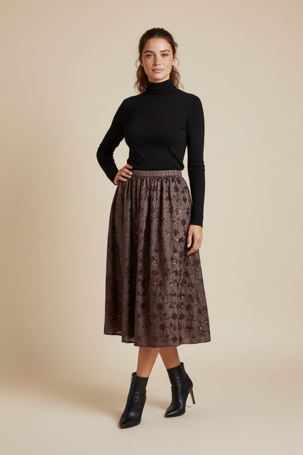 Jupe Midi Marron Sequins Élégante