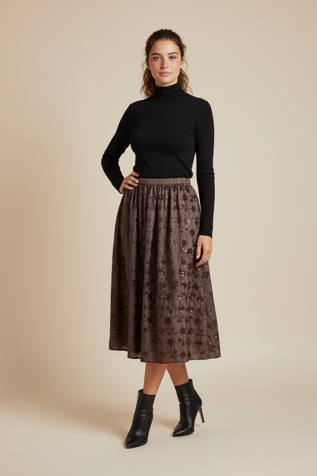 Jupe Midi Marron Sequins Élégante
