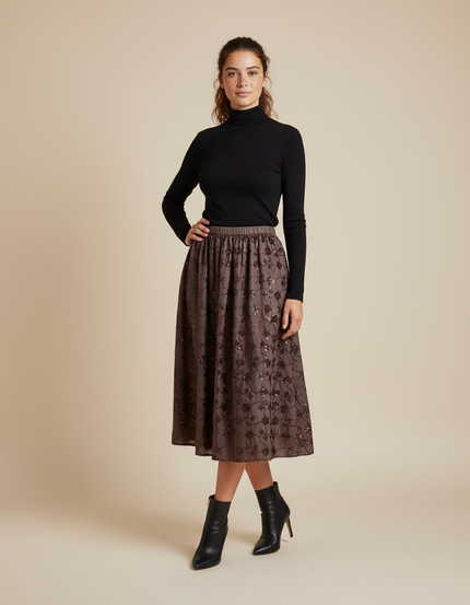 Jupe Midi Marron Sequins Élégante