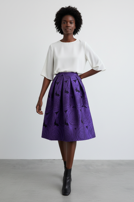 Jupe Midi Violet Motif Floral Élégante
