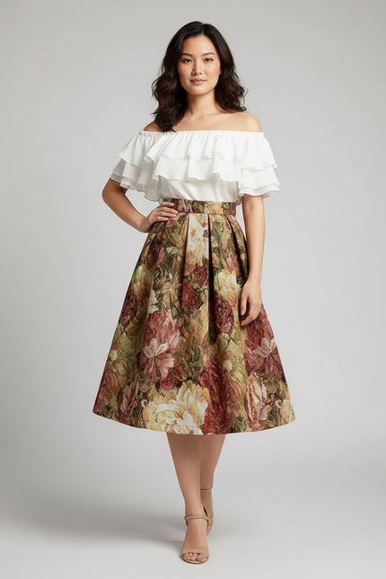 Jupe Midi Florale Texturée Élégante