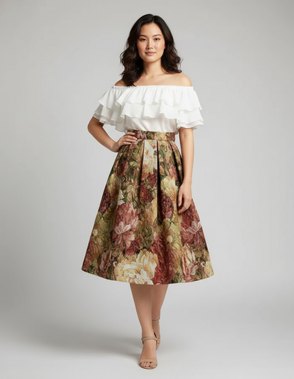 Jupe Midi Florale Texturée Élégante