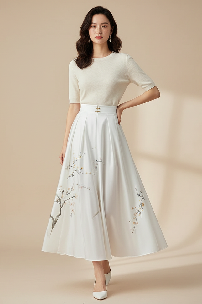 Jupe Midi Blanche Fleurie Élégante