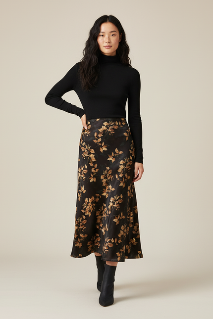 Jupe Midi Imprimé Feuilles Fluide Élégante