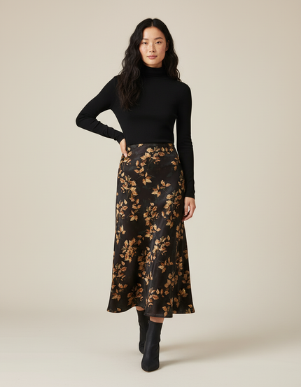 Jupe Midi Imprimé Feuilles Fluide Élégante