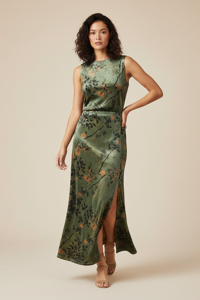 Jupe Midi Velours Fleuri Élégante