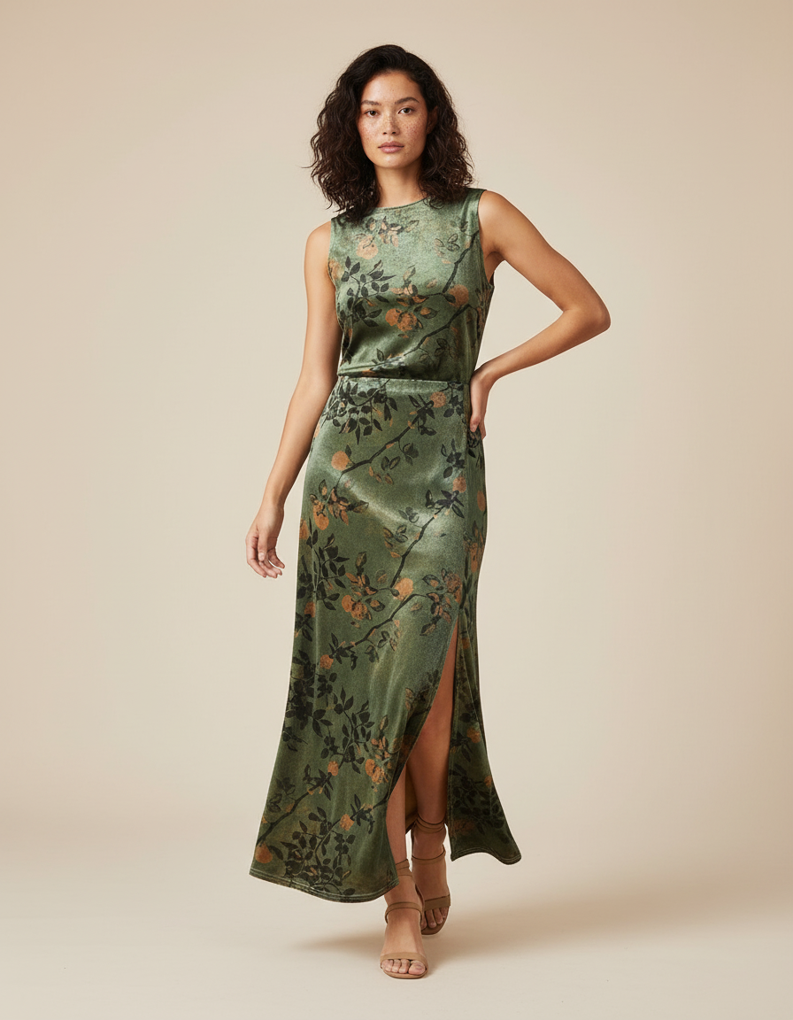 Jupe Midi Velours Fleuri Élégante