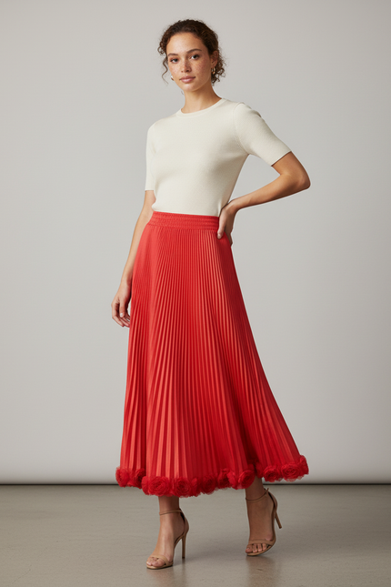 Jupe Midi Rouge Fleurie