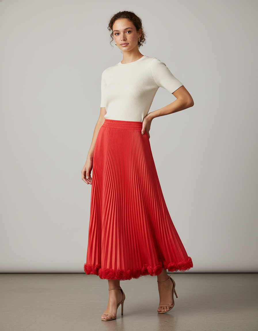 Jupe Midi Rouge Fleurie