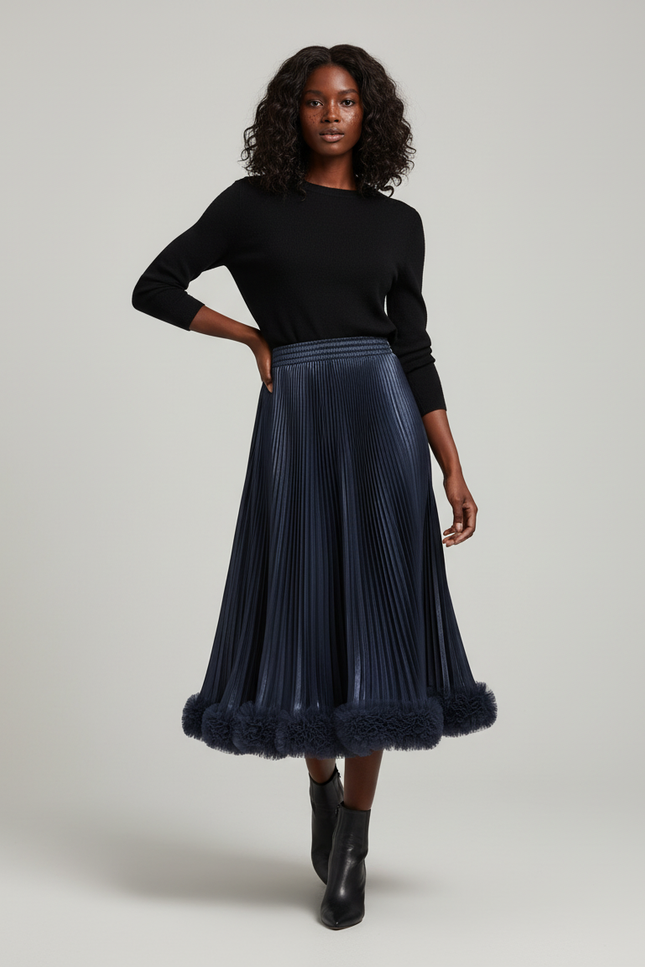 Jupe Plissée Midi Bleu Marine
