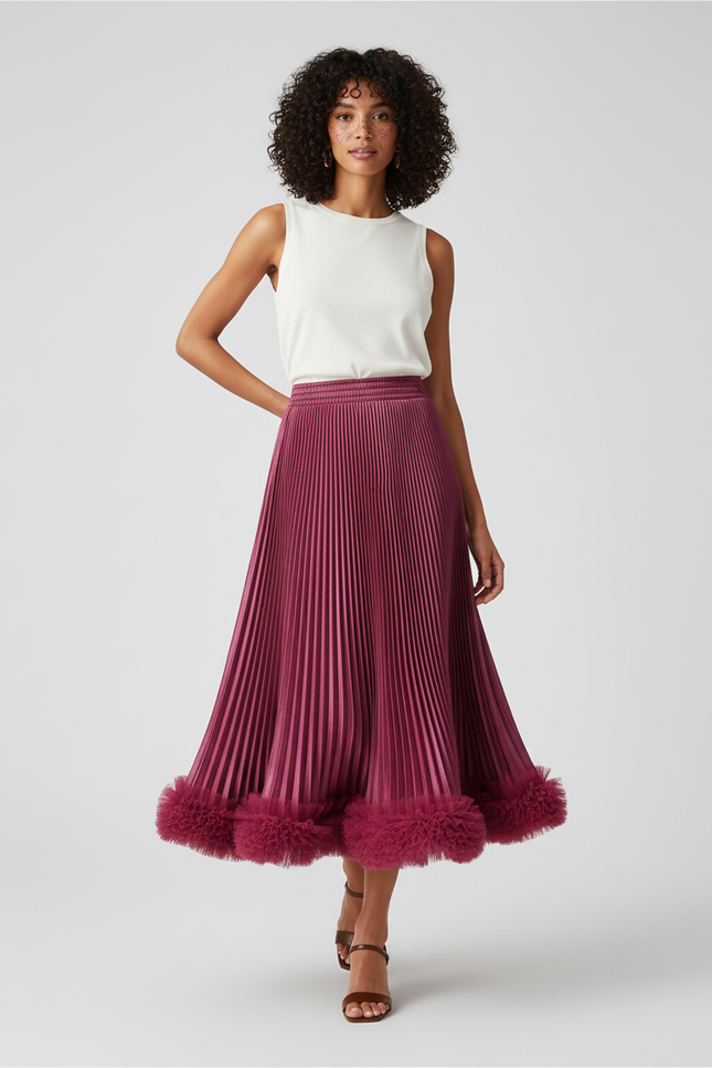 Jupe Plissée Midi Bordeaux