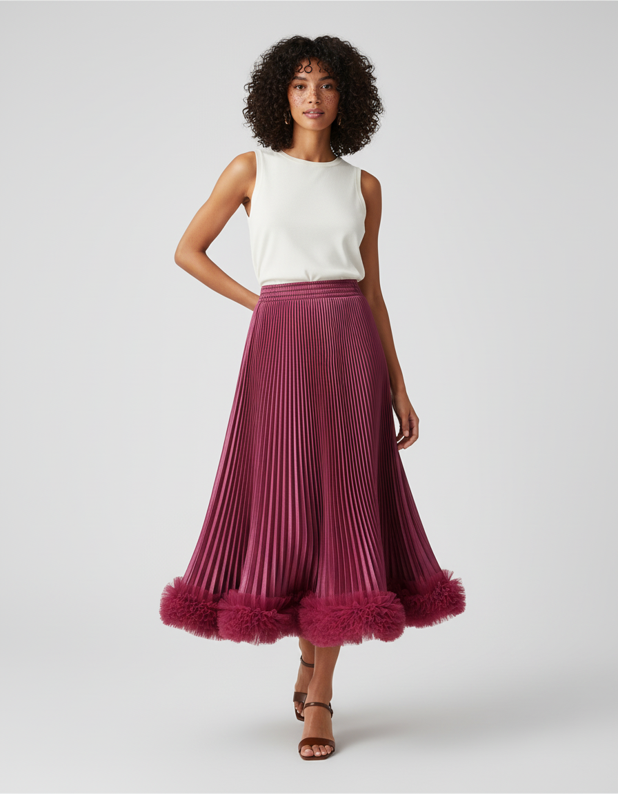 Jupe Plissée Midi Bordeaux