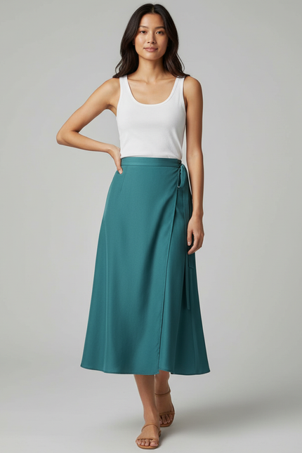 Jupe Midi Sarcelle Portefeuille Fluide