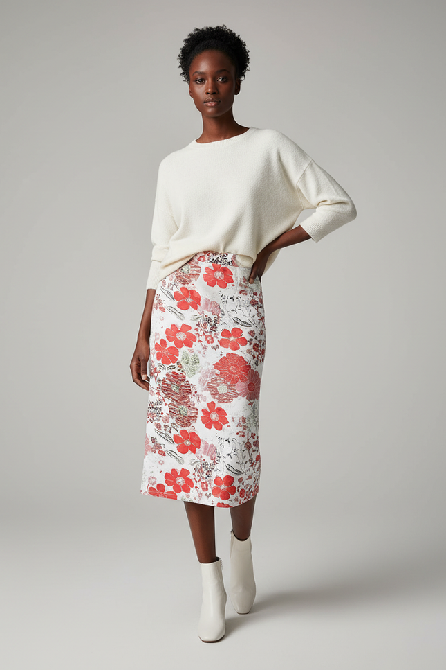 Jupe Midi Florale Droite Élégante