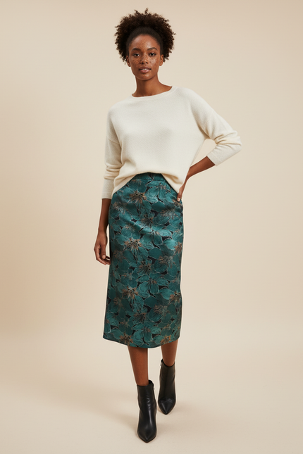 Jupe Midi Florale Verte Élégante