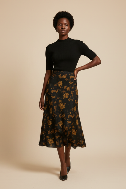 Jupe Midi Motif Floral Fluide Élégante