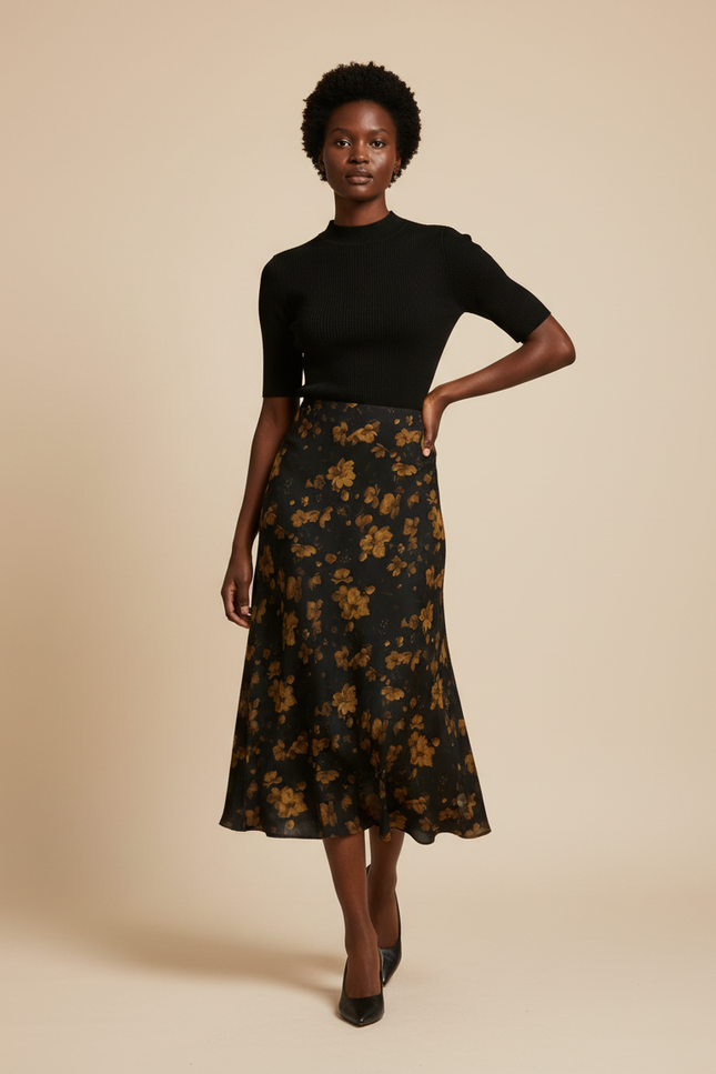 Jupe Midi Motif Floral Fluide Élégante