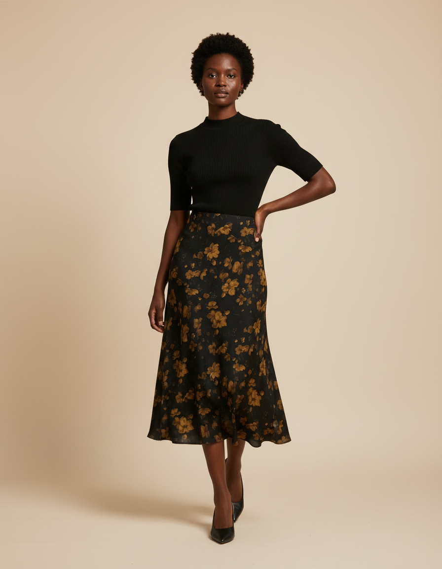 Jupe Midi Motif Floral Fluide Élégante