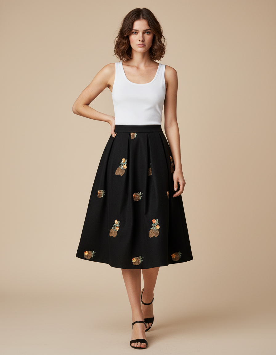 Jupe Midi Noire Brodée Élégante