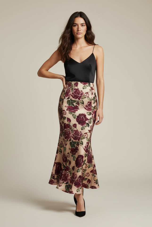 Jupe Midi Florale Coupe Sirène Élégante