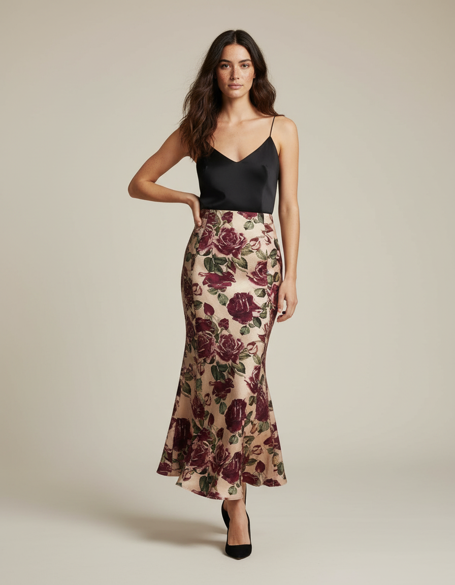 Jupe Midi Florale Coupe Sirène Élégante