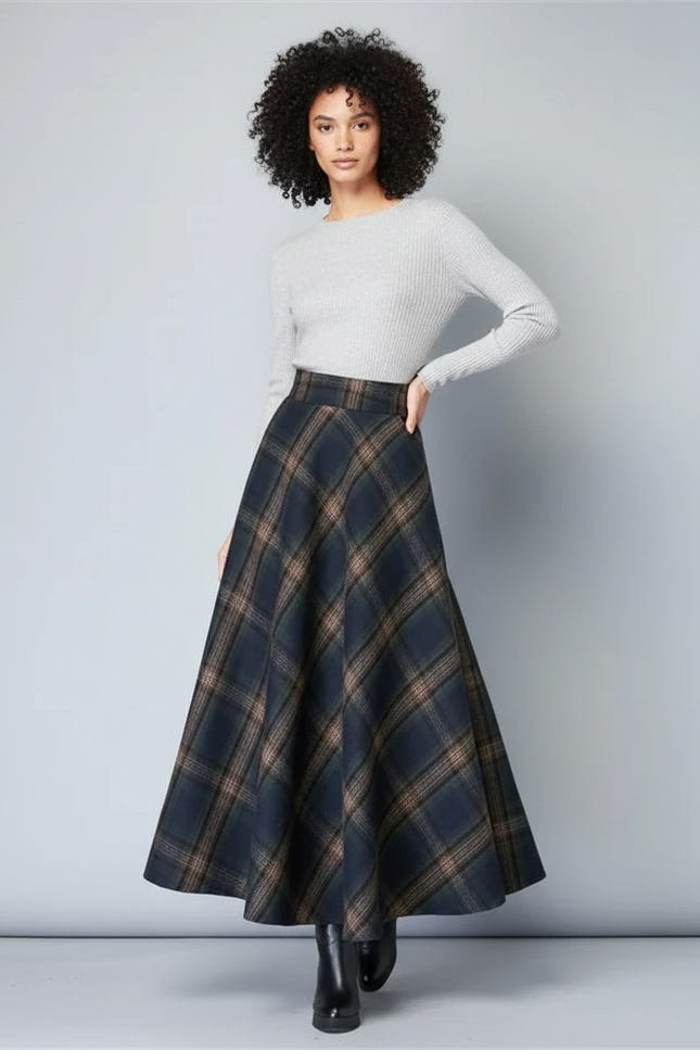 Jupe Midi Plaid Laine Chic