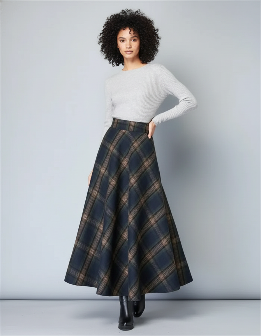 Jupe Midi Plaid Laine Chic