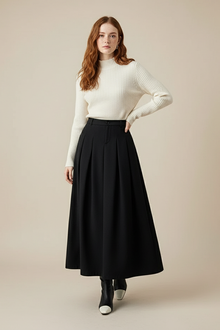 Jupe Midi Noire Plissée Élégante distinguée