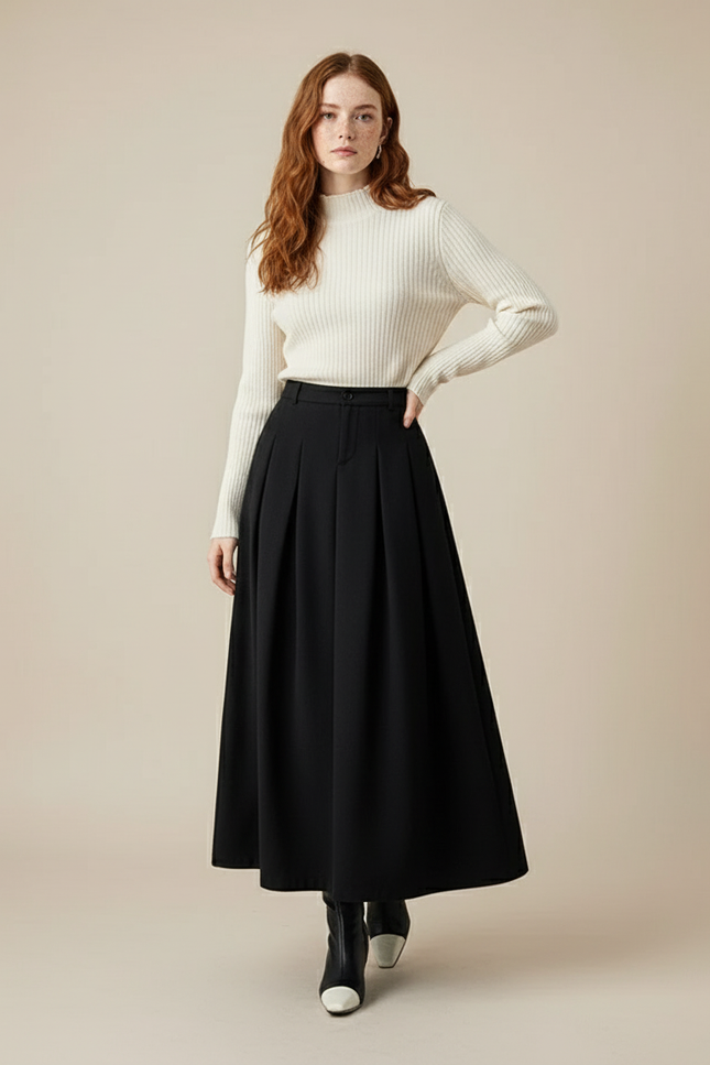Jupe Midi Noire Plissée Élégante distinguée