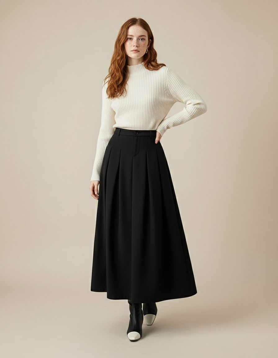 Jupe Midi Noire Plissée Élégante distinguée